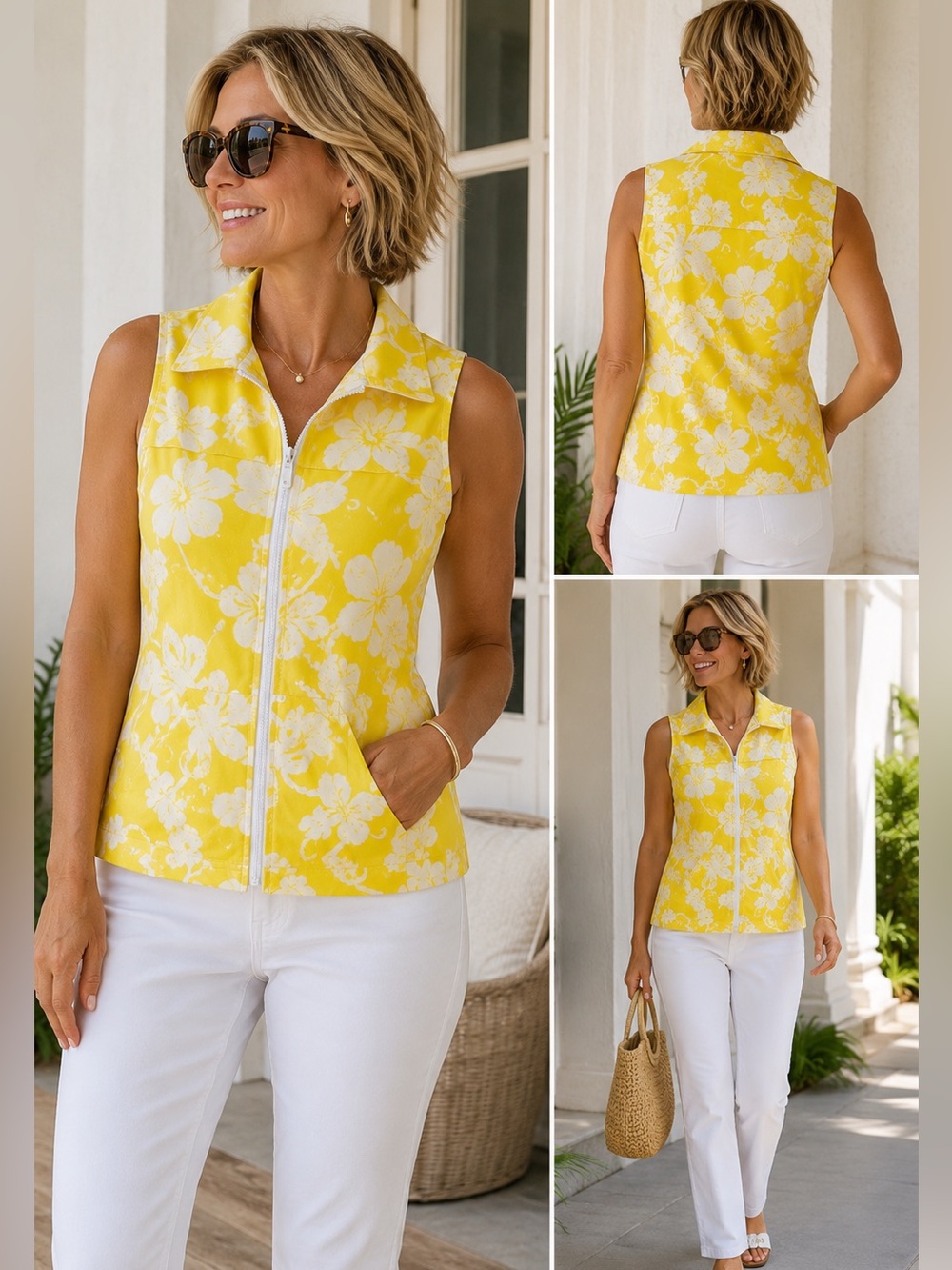Zenergy By Chico’s Yellow Floral Zip Front Golf Vest 2 Resort Coastal Preppy